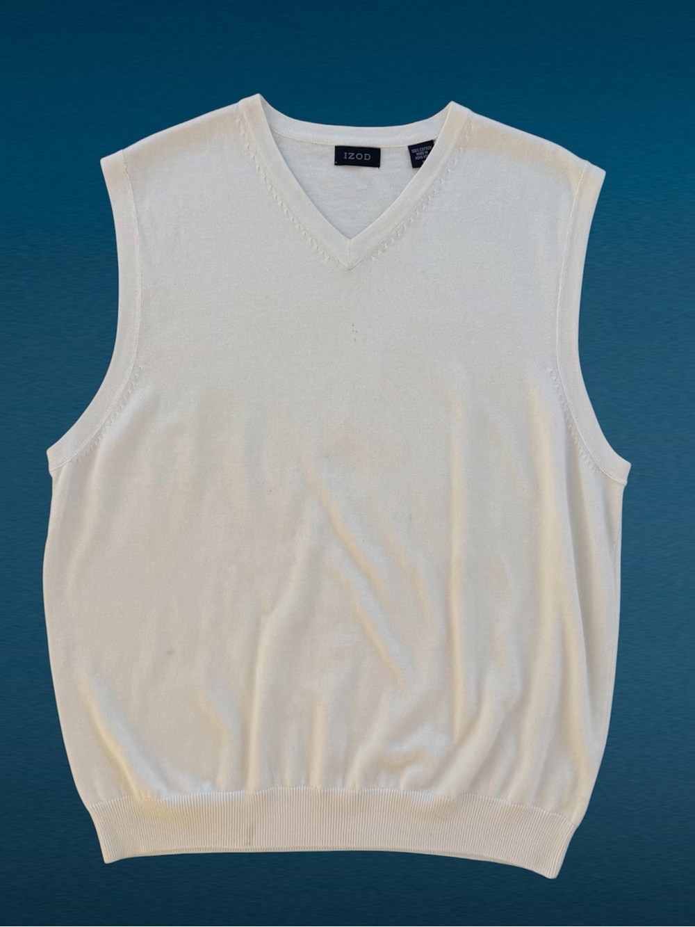 IZOD Cream V-Neck Pullover 100% Cotton Sweater Vest, Stained ~ Men’s M